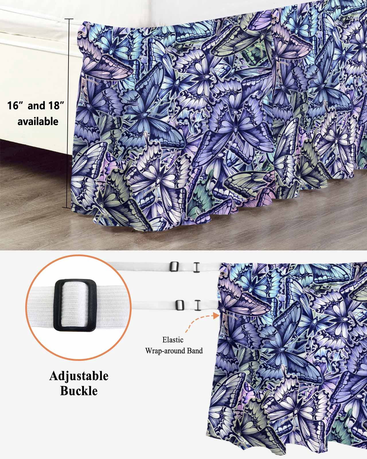 Purple Blue Teal Butterfly Wrap Around Bed Skirts for Queen Bed 16" Drop, Bed Skirt with Adjustable Elastic Belt Dust Ruffle Bed Valance for Bedroom Hotel Luxury Modern Abstract Art Bed Frame Cover