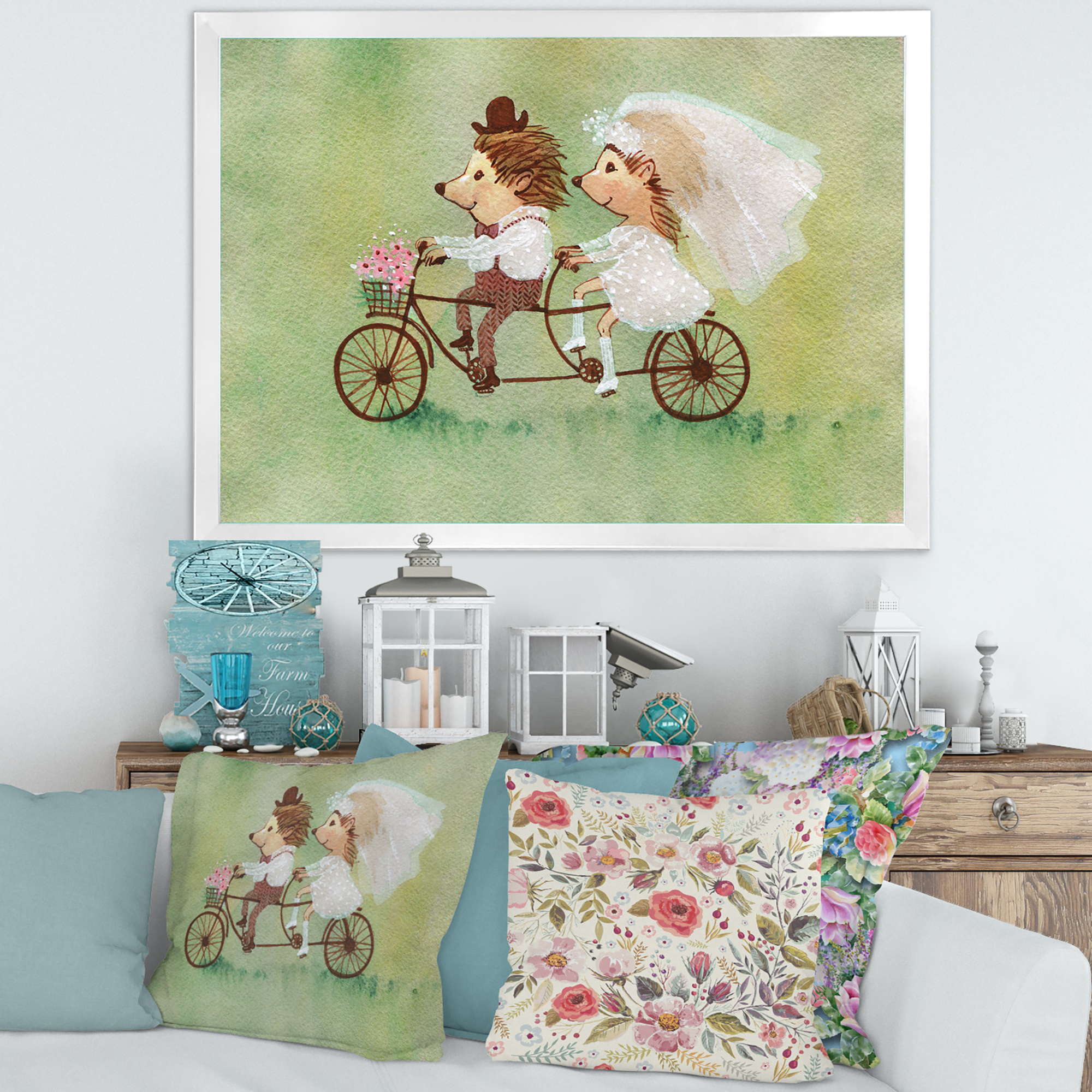Designart 'Wedding Couple of Hedgehogs Riding A Bike' Traditional Framed Art Print