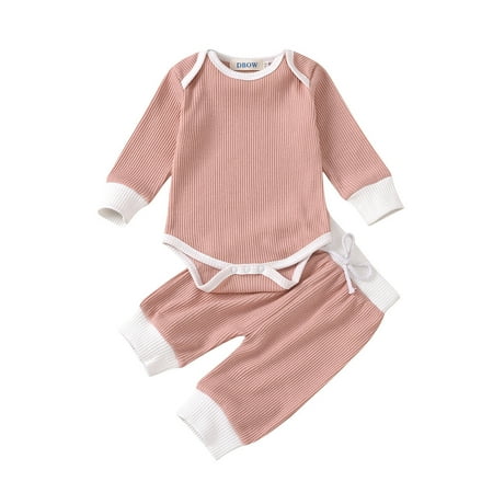 

GWAABD Toddler Girl Outfits Pink Cotton Blend Toddler Boys Girls Spring Autumn Pure Color Ribbed Romper Pants 2pcs Baby Leisure Clothing Set 100