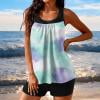 RKSTN Womens Tankini Bathing Suits Printed Color Block Crew Neck Swim Tank with High Waisted Solid Color Swim Shorts Matching 2 Piece Set Swimwear for Summer Beach Parties