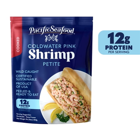 Pacific Seafood Frozen Wild Cooked Coldwater Pink Shrimp, 1 lb Bag (350-500 Count per lb), Contains Shellfish