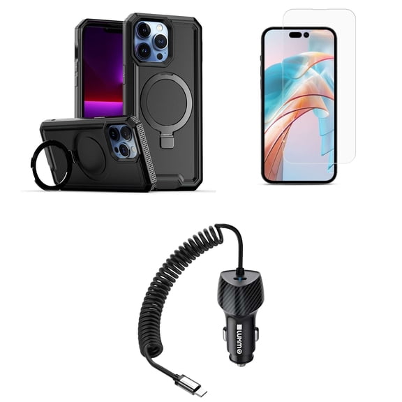 Bemz Case for iPhone 15 Pro with Slim Heavy-Duty Armor Defender Wireless Charger Magnetic Kickstand Cover, Glass Screen Protector, 40W Car Charger (USB-C Port) - 5 Foot (Black)