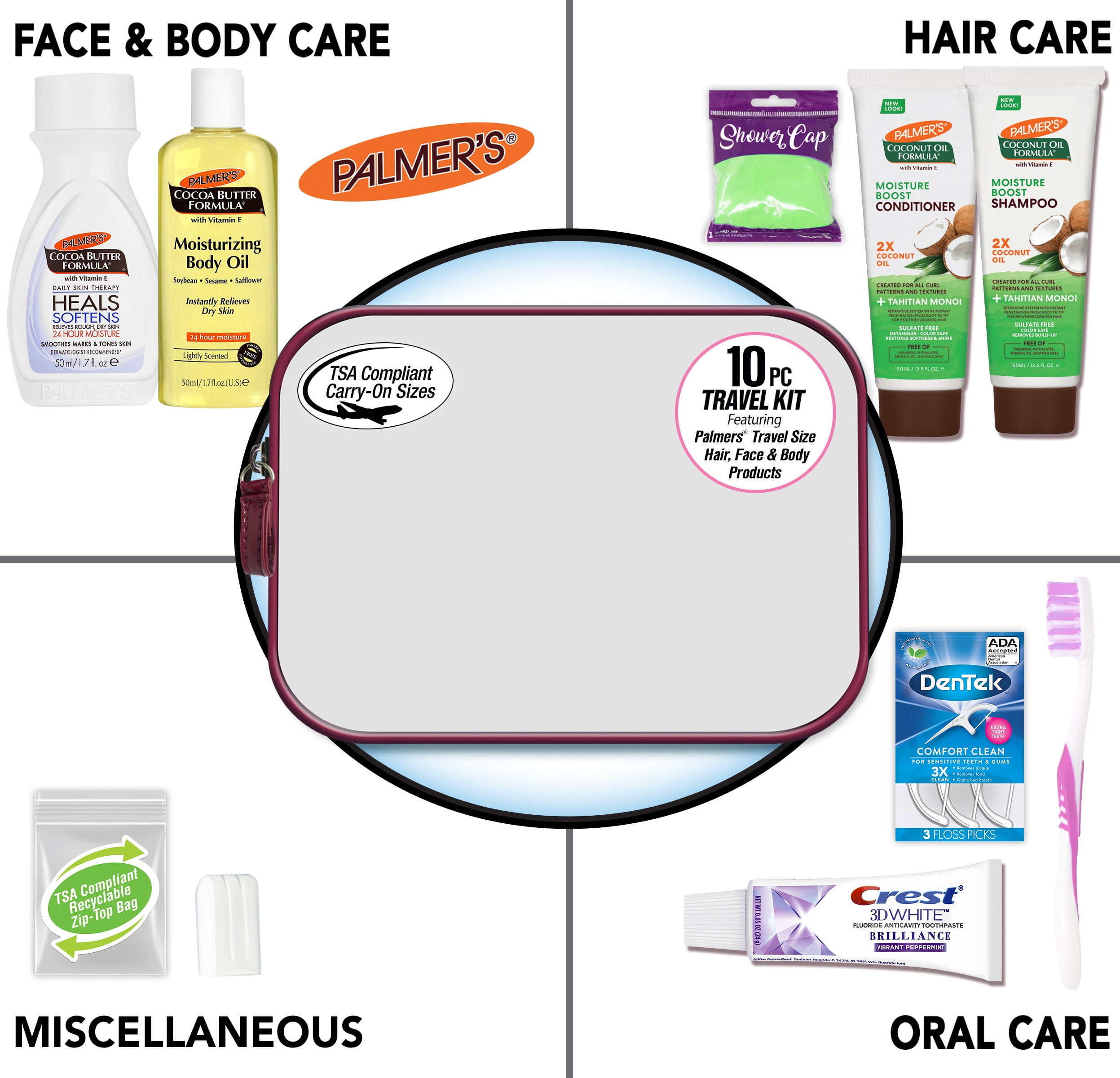 (4 pack) Convenience Kits International, Womens Multicultural 10 PC Kit Featuring: Palmers Hair and Body Care Trial-Size Products