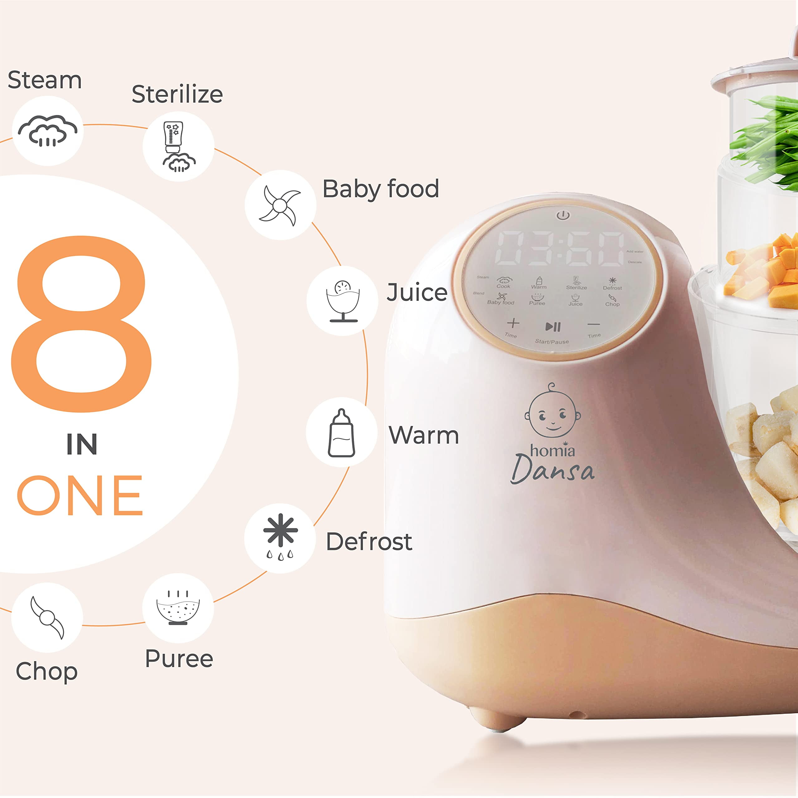 Chefhandy Baby Food Maker, 5 in 1 Baby Food Processor, Smart Control Multifunctional Steamer Grinder with Steam Pot, Auto Cooking & Grinding, Baby