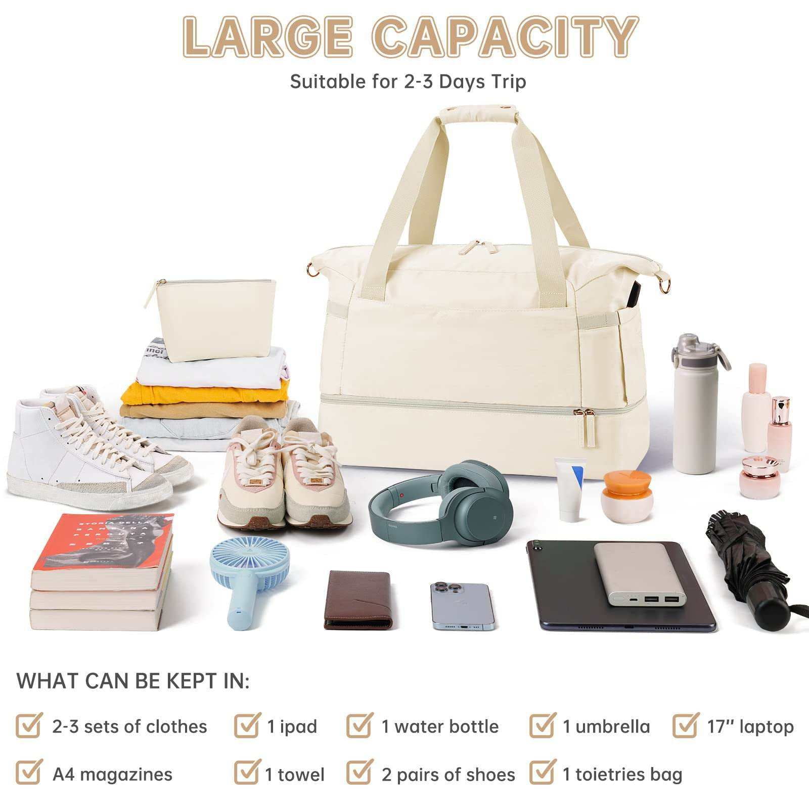 DAKIMOE Travel Duffel Bag for Women Gym Bag with USB Charging Port Large Weekender Overnight Bag Yoga Duffle Bags with Wet Pocket and Shoes Compartment, Beige