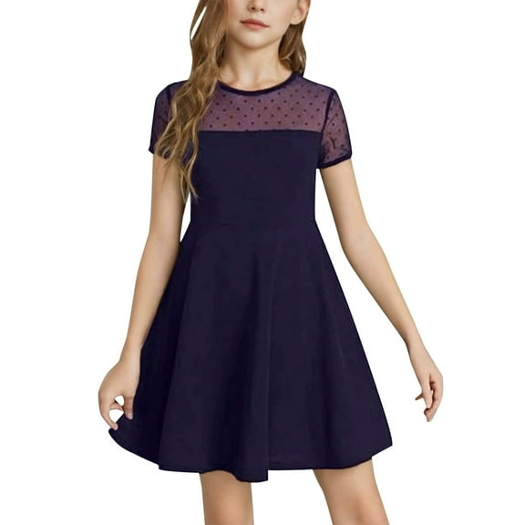 YWOAGH Girls Dress Solid Color Mesh Stitching Cute Summer Short Everyday Dress Girls Dresses for Casual Wear Dark Blue 10-12 Years