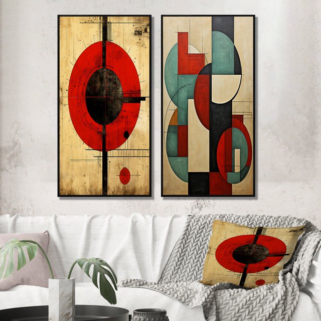 Designart "Illustration Vintage de Prière Pleine Lune" Ensemble d'Art Mural Encadré Transitionnel de 2 - Ensemble de Toiles Encadrées Rouges Abstraites pour Décoration de Salon