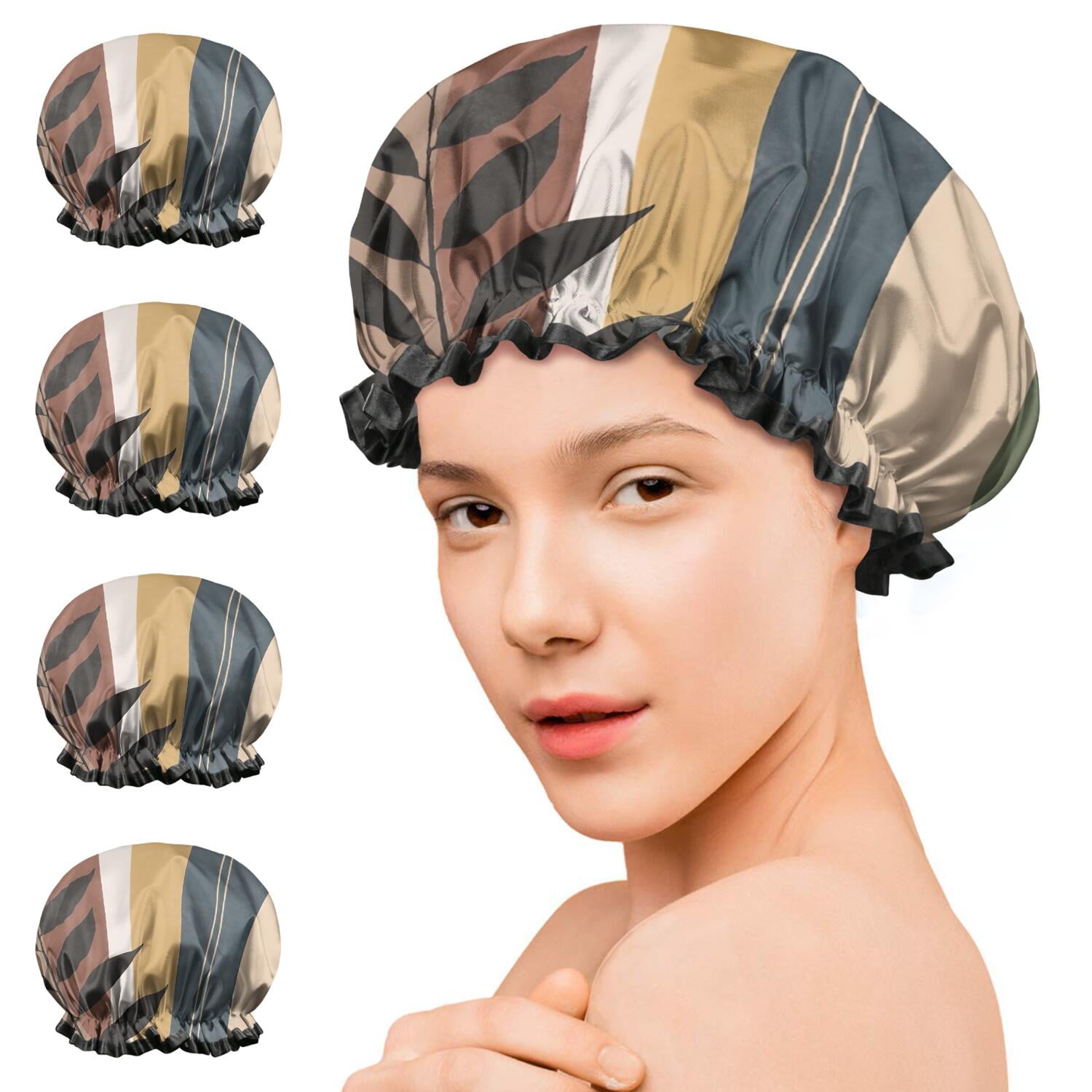 Shower Caps,Brown Boho Geometric and Plant Pattern Waterproof Shower Cap for Women 4 Pieces,Double Reusable Hair Cover for Shower PEVA Elastic Stretch Hem