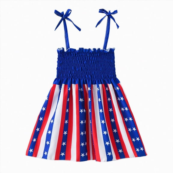 KPOPLK Girls 4th of July Outfit American Flag Dress Crisscross Back Red White and Blue Patriotic Dresses(3-4 Years,Blue)