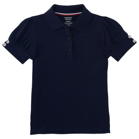 French Toast Girls School Uniform Short Sleeve Puff Sleeve Polo Shirt With Rhinestone Buttons, Sizes 4-16 & Plus