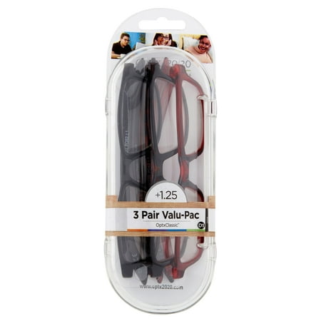 Optx 20/20 OptxClassic D1 Timeless Style +1.25 Reading Glasses Valu-Pac, 3 count
