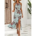 thumbnail image 4 of Women Halter Neck Printing Split Long Dresses Summer Sleeveless Boho A Line Dress Blue M, 4 of 7