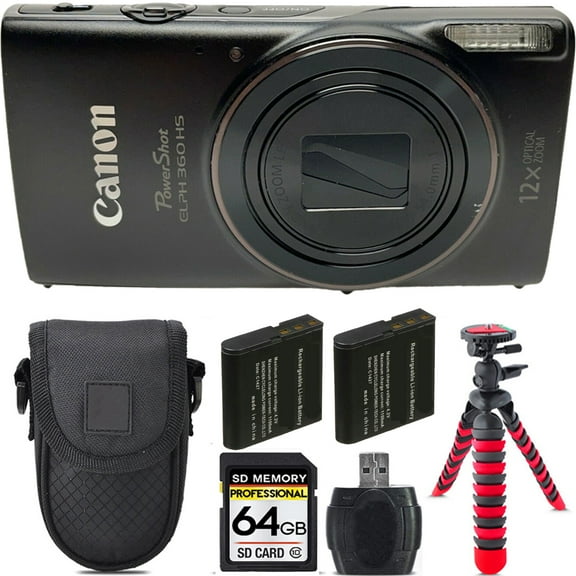 Canon PowerShot ELPH 360 Camera (Black)    Extra Battery  Tripod   Case -64GB Kit (International Version)