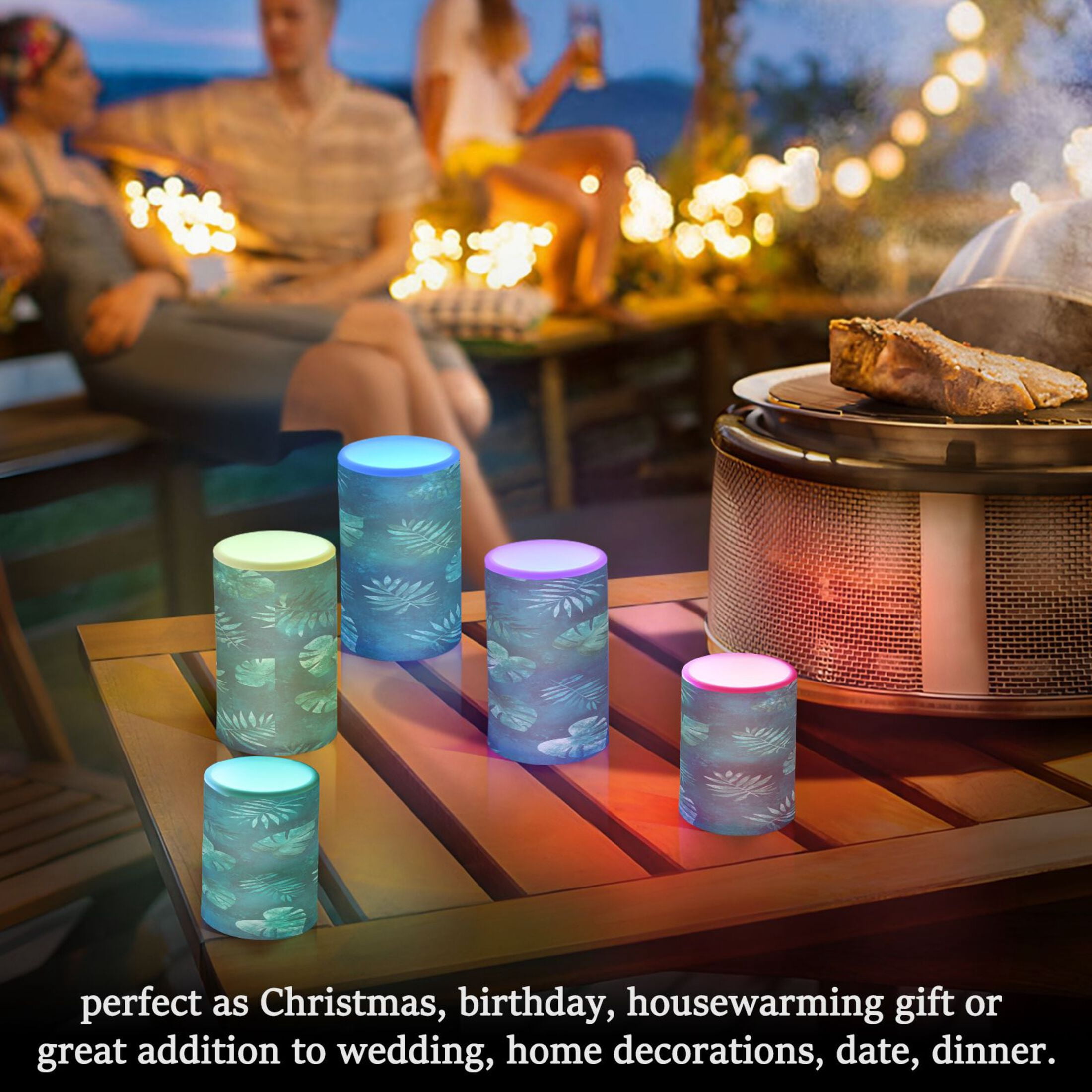 Teal Tropical Leaf Pattern Set of 2 Flameless LED Candles Remote and Timer Indoor Outdoor