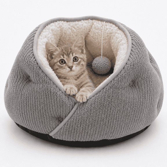 PAWZ Road 19.7" Calming Plush Pet Bed with Hanging Toy, Semi-Enclosed Cozy Nest for Cats & Small Dogs, Gray