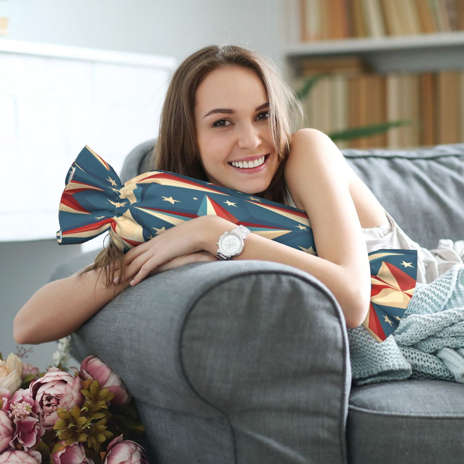 Candy Throw Pillow Travel Cervical Pillow Cylindrical Neck Body Cushion With Insert For Bed Couch Home Decor 9.8x24.4in Independence Day Theme Elements Star (7)