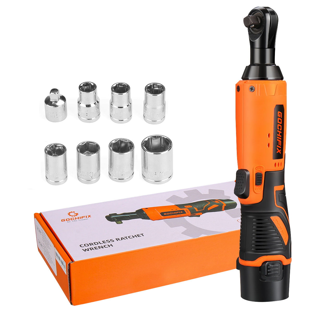 GOCHIFIX 12V 50Ft.lbs Cordless Ratchet Wrench with 7 Sockets, 3/8