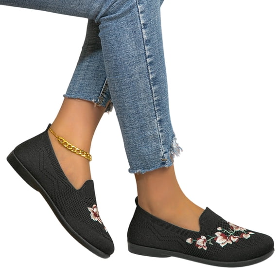 NexTorq Mesh Flats, Women's Flower Embroidered Slip On Walking Shoes Breathable Mesh Platform Non Slip Memory Foam Casual Sneakers Women Woven Orthopedic Shoes Comfortable Lightweight Running Sneaker