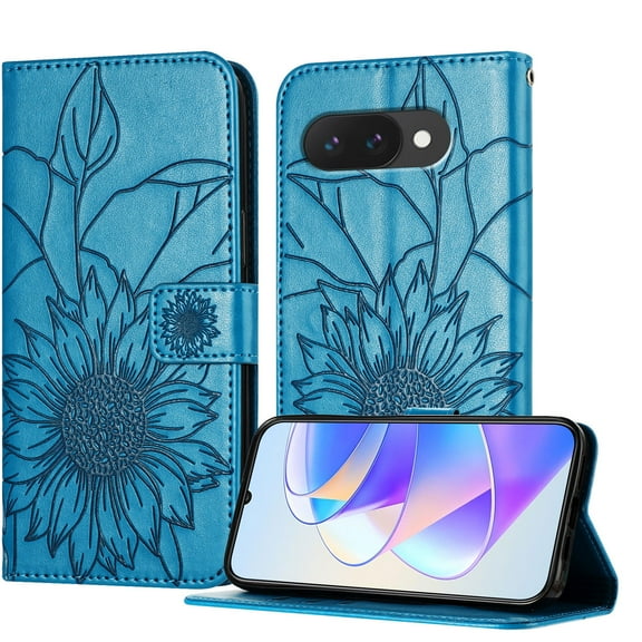 Dteck Magnetic Wallet Case for Google Pixel 9A,Flower Pattern Leather Case Built-in Card Slots Shockproof Kickstand Cover for Google Pixel 9A,Blue