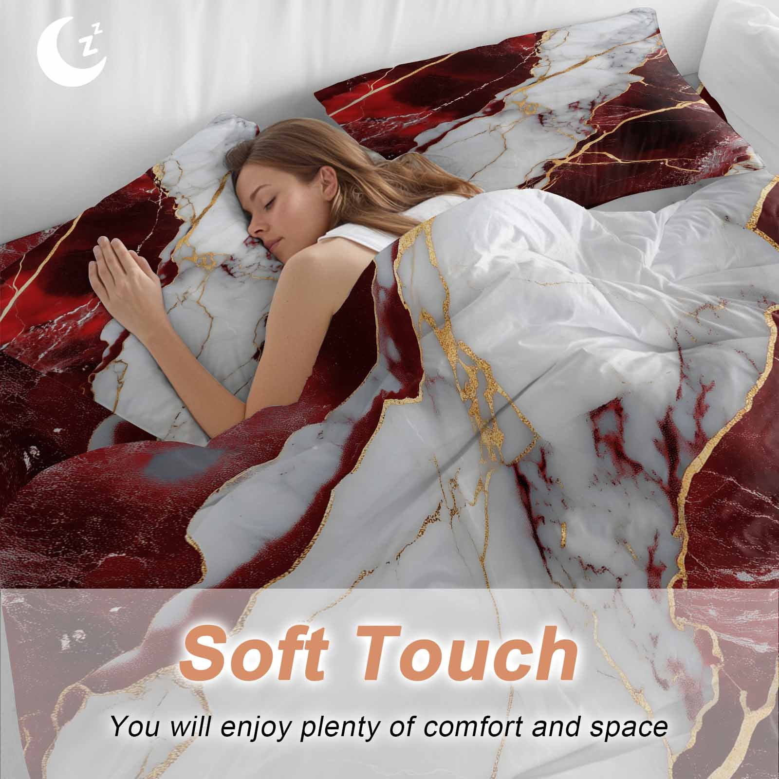 Queen 4 Piece Bedding Set Burgundy Red White Marble Soft Breathable Duvet Cover and Pillowcase, Modern Abstract Stone Crack Texture Duvet Cover Set Bed Sheets for Bedroom Dormitory Guest Room