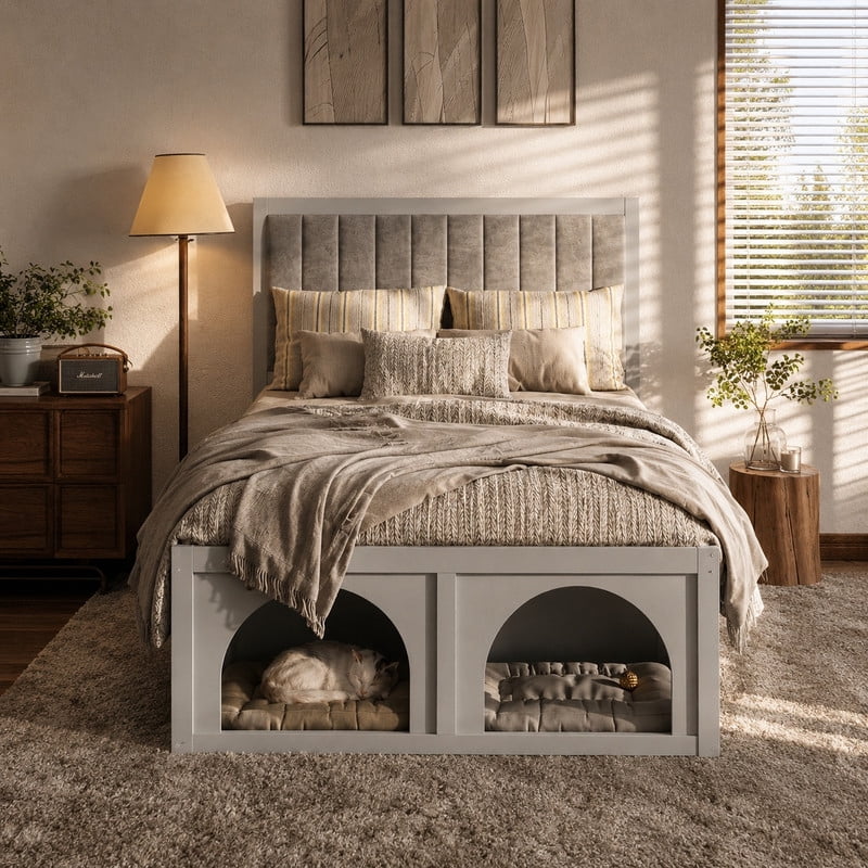 Full Size Pet-Friendly Platform Bed with Under-Bed Pet Nooks, Heavy Duty Wooden Storage Bed Frame with Padded Headboard