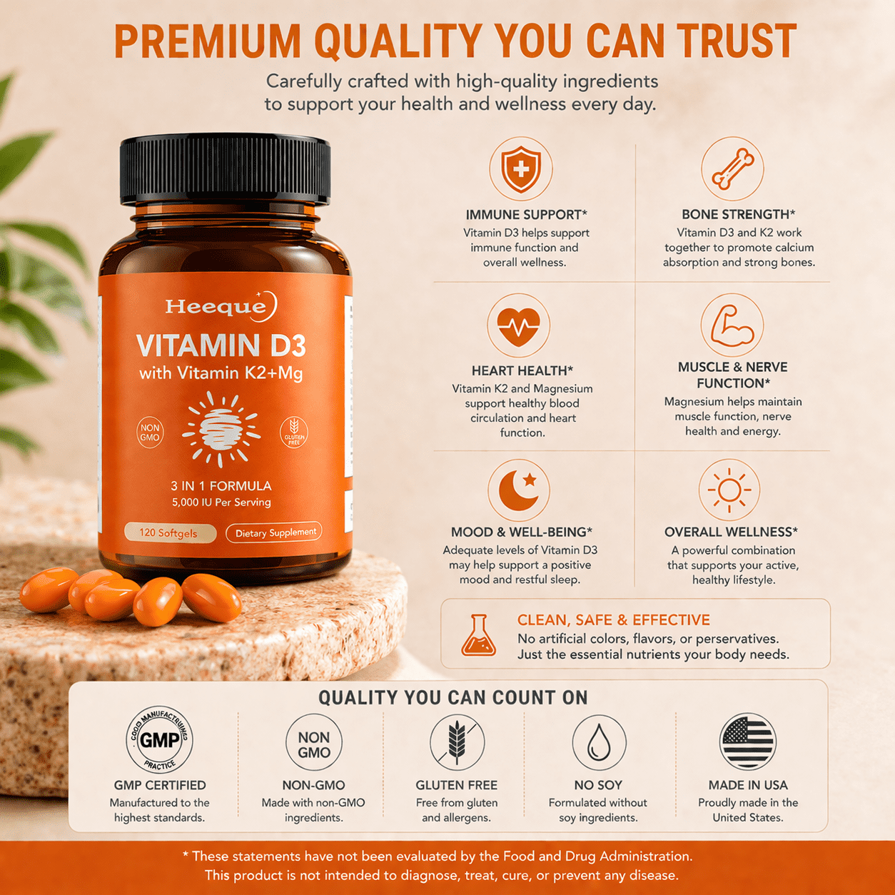 Heeque Vitamin D3 K2, D3 5000 IU, K2 200 mcg, with Magnesium Glycinate, Triple-Action High-Absorption Bone and Immune Support, 120 Softgels