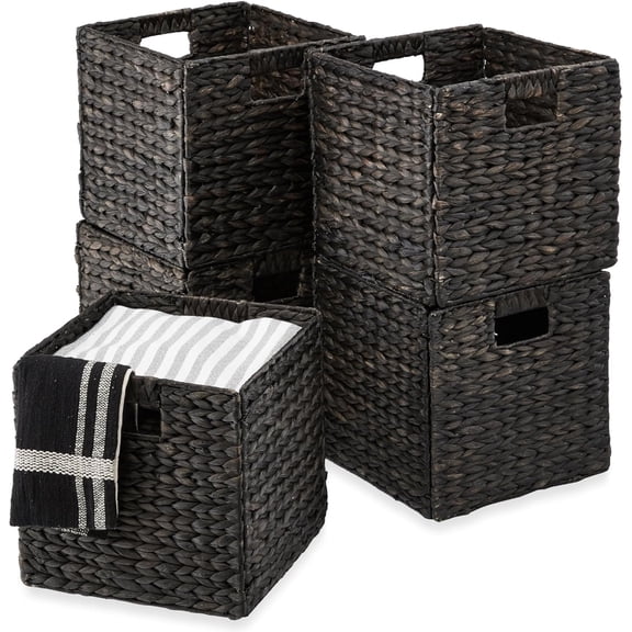 WSWJY 13x13in Pack of 5 Cube Storage Baskets, Water Hyacinth Multipurpose Collapsible Organizers, Handwoven Laundry Totes for Laundry, Living Room, Kids Room & Nursery - Black