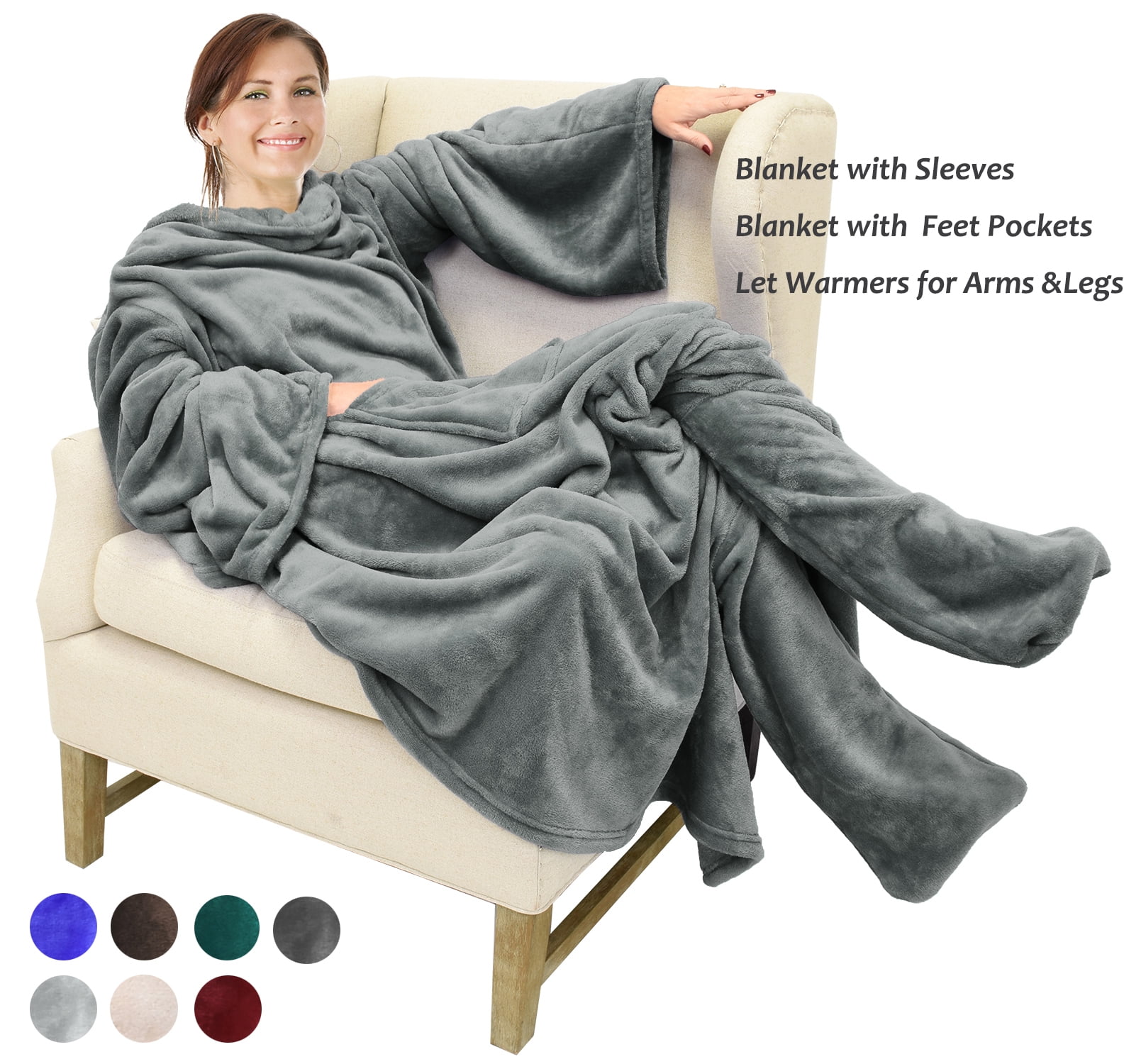 Details about   180cm Soft Fleece Wearable Blankets with Sleeves Cozy Wrap Warm Throw Travel 