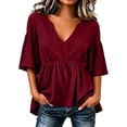 thumbnail image 2 of ClodeEU Women's Deep V Neck Ruffle Babydoll Blouse,Short Flare Sleeve Loose Peplum Tunic Top Wine,Women's Plus M, 2 of 5