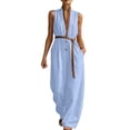 thumbnail image 4 of Guluxicc Women's Contrast Trim Elastic Waist Pleated Wide Leg Jumpsuit Casual Belted Stand Collar Sleeveless Loose Fit Rompers, 4 of 6