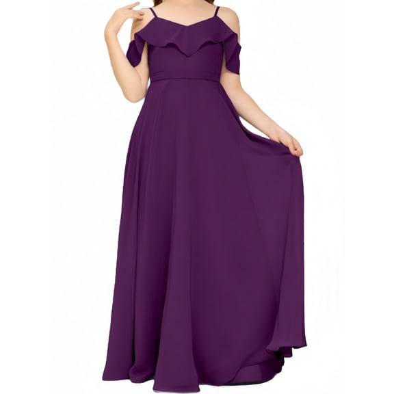 V Neck Junior Bridesmaid Dresses Long Off-Shoulder Chiffon Flower Girl Dress for Teen Girls Party Pageant Gowns-Grape-2Y