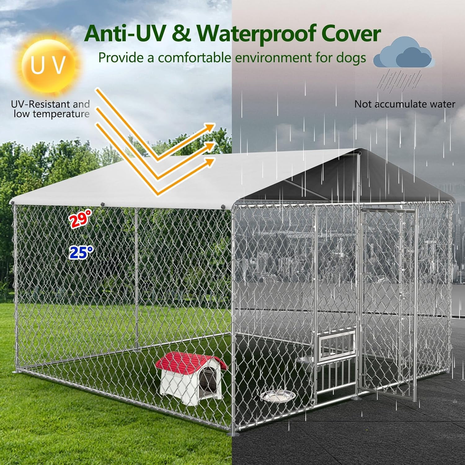 Yesurprise Outdoor Dog Kennel, Large Dog House with Roof Waterproof Cover for Small Medium Large Dog, Pet Playpen with Secure Lock