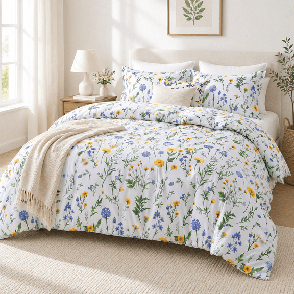 Dandelion Floral Queen Size 3 Piece Brushed Microfiber Duvet Cover Set