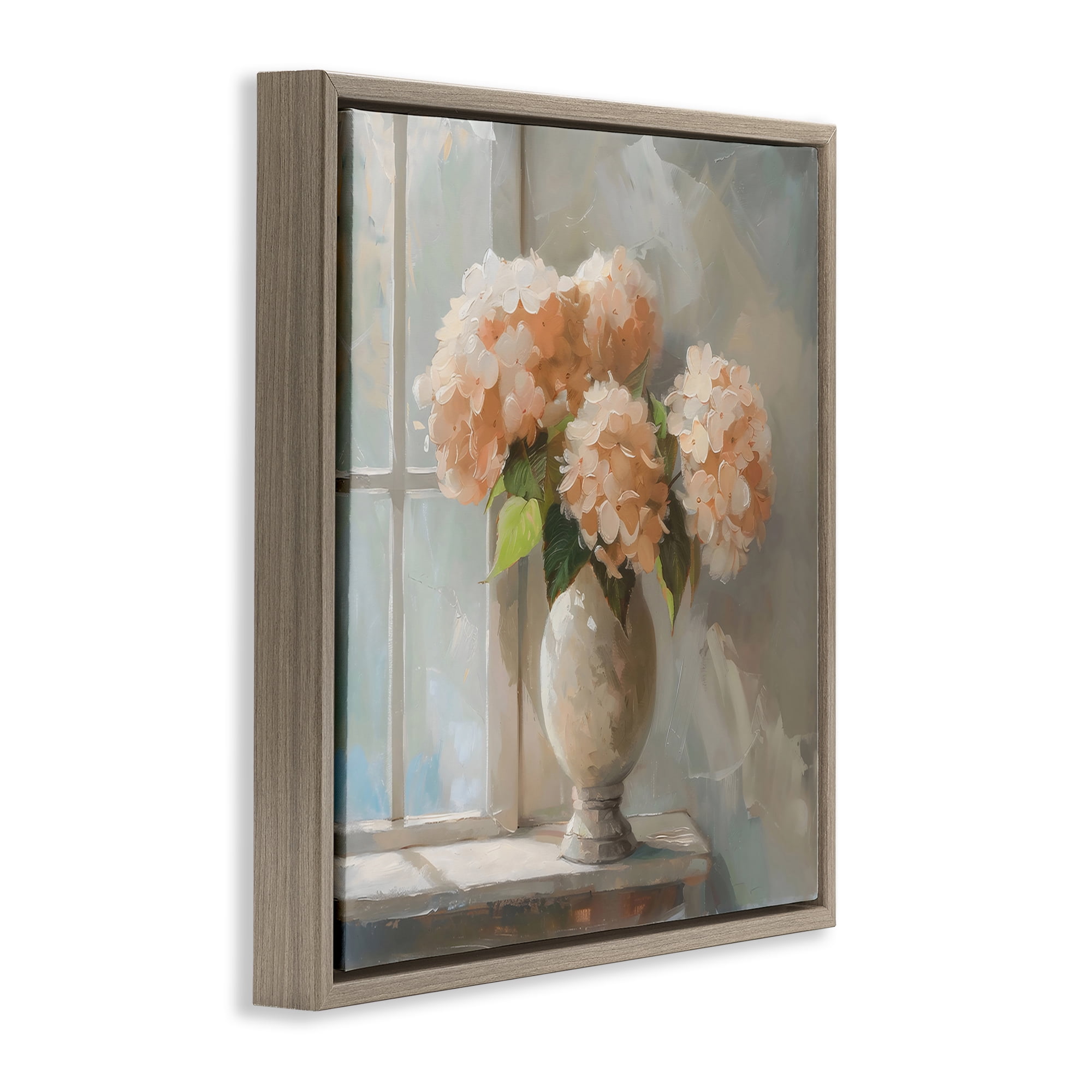 Stupell Industries Pink Hydrangea in Sunlit Vase Brown Framed Floater Canvas Wall Art, design by Creative Studio