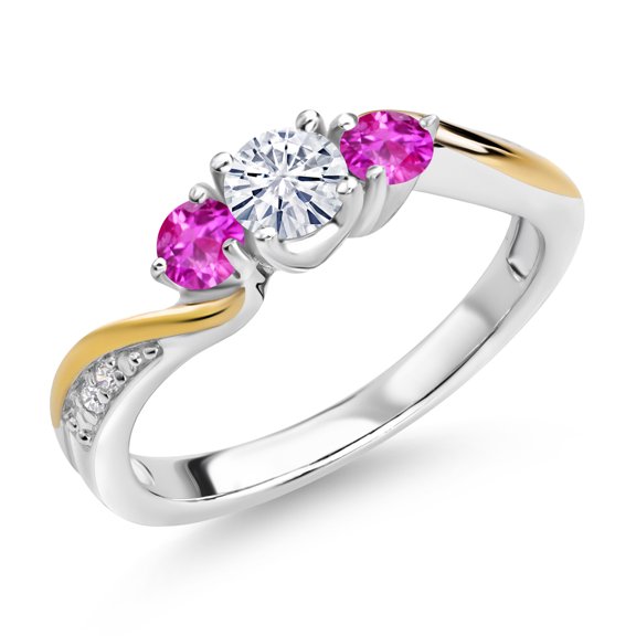 Gem Stone King 925 Silver and 10K Yellow Gold Moissanite Pink Sapphire and Lab Grown Diamond 3 Stone Engagement Ring for Women (0.52 Cttw, Gemstone Birthstone, Size 9)