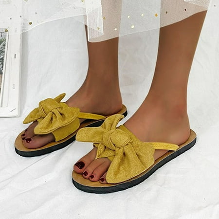 

Ecqkame Women s Slippers Clearance Women s Casual Fashion Suede Bowknot Flip Toe Slippers Flat Beach Shoes Yellow 42