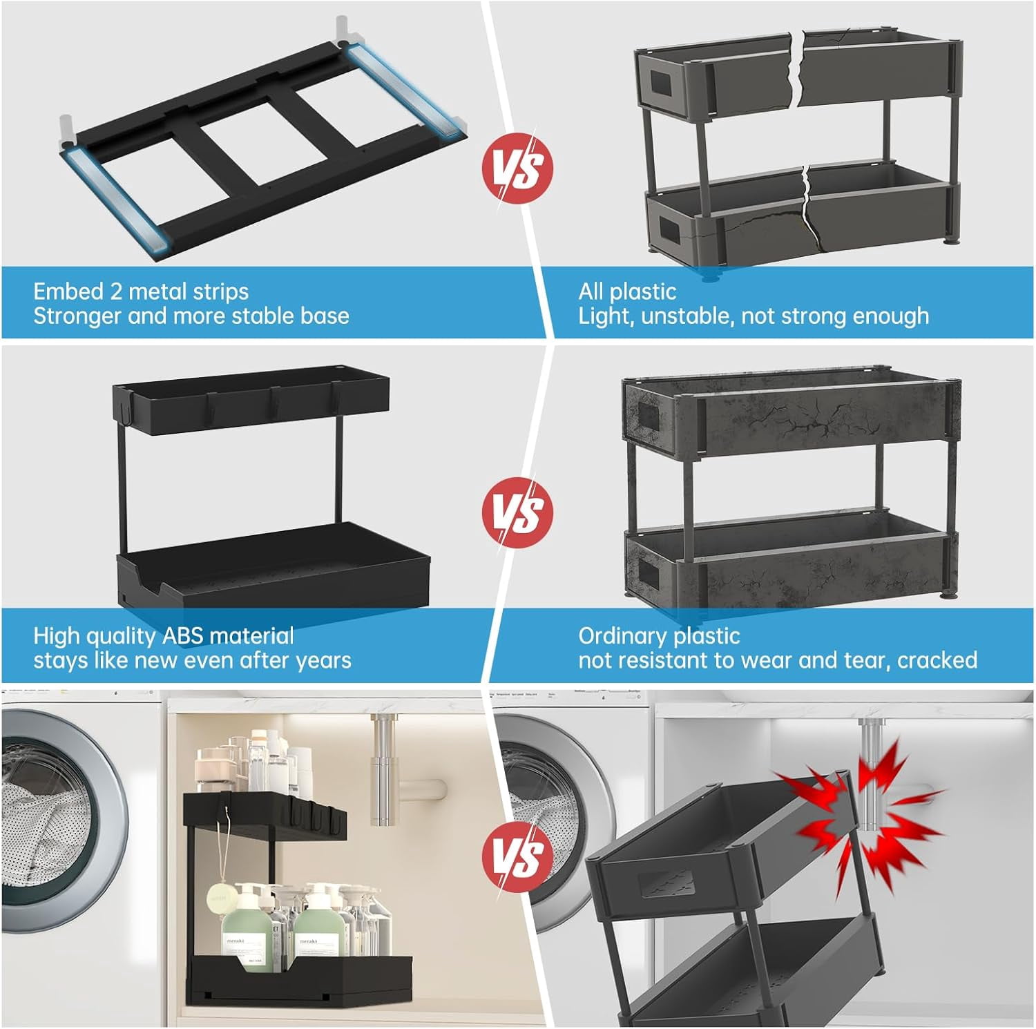 2-Pack Under Sink Organizer, 2-Tier Sliding L-Shaped Kitchen Bathroom Cabinet Organizer and Storage Rack with Hooks, Large Capacity Pull-Out Sink Organizer, Multi-Purpose Drawer Basket Storage Rack