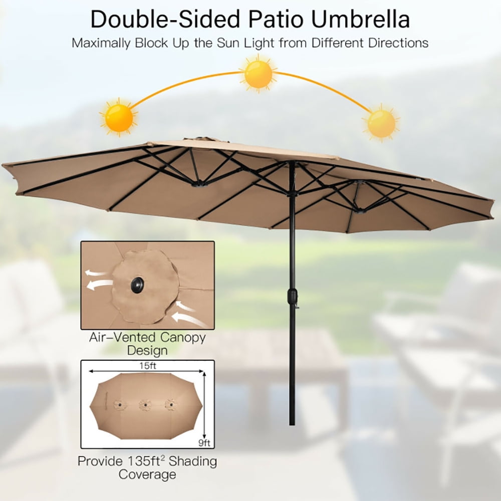 Aimee Lii 15 Feet Double-Sided Twin Patio Umbrella with Crank and Base, Sunbrella Patio Umbrellas, Brown Aimee Lii 15 Feet Double-Sided Twin Patio Umbrella with Crank and Base, Sunbrella Patio Umbrellas, Brown