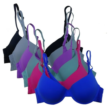 Women's 6-Pack Laser Cut Assorted Solid Colors Lace on Side Bands Push Up Bras -