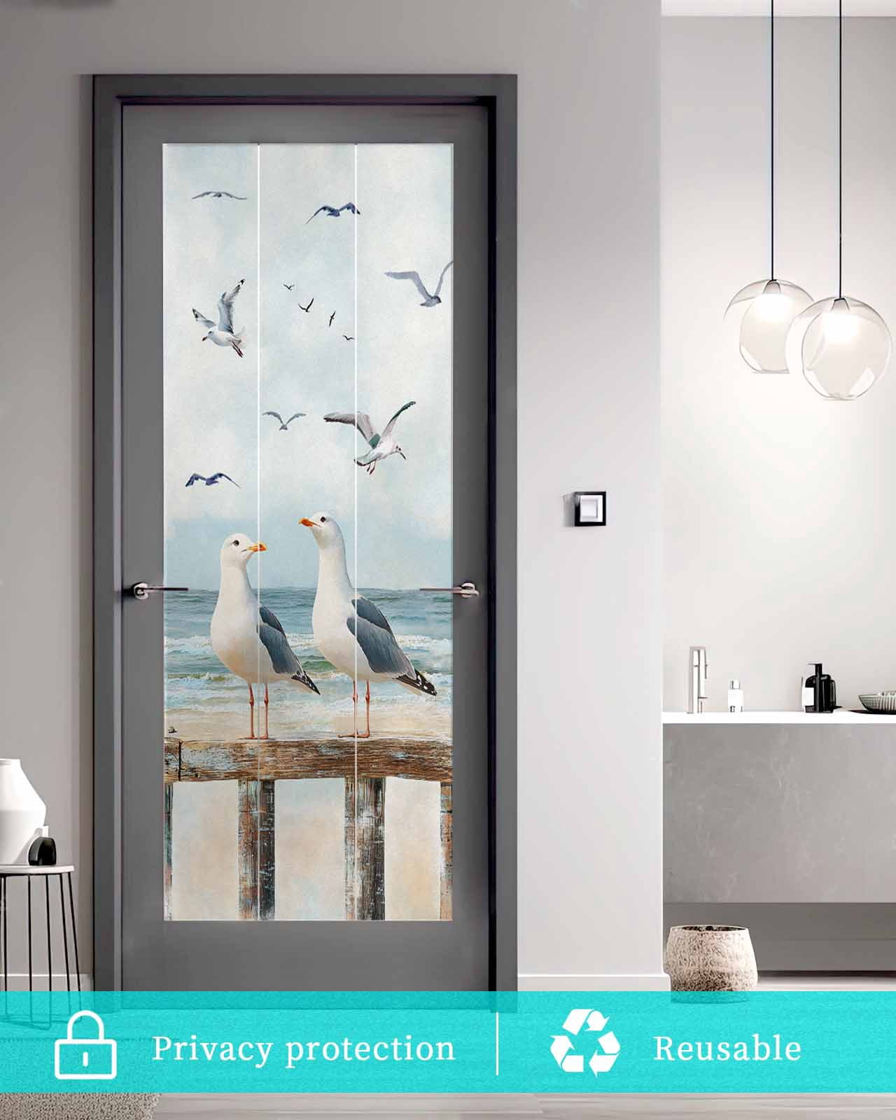 Window Privacy Film Coastal Seagull Stained Glass Window Film Decorative Sun Block Window Cover Summer Beach Ocean Birds Retro Window Clings Static Adhesive Sticker for Bathroom 35.4"x78.7"