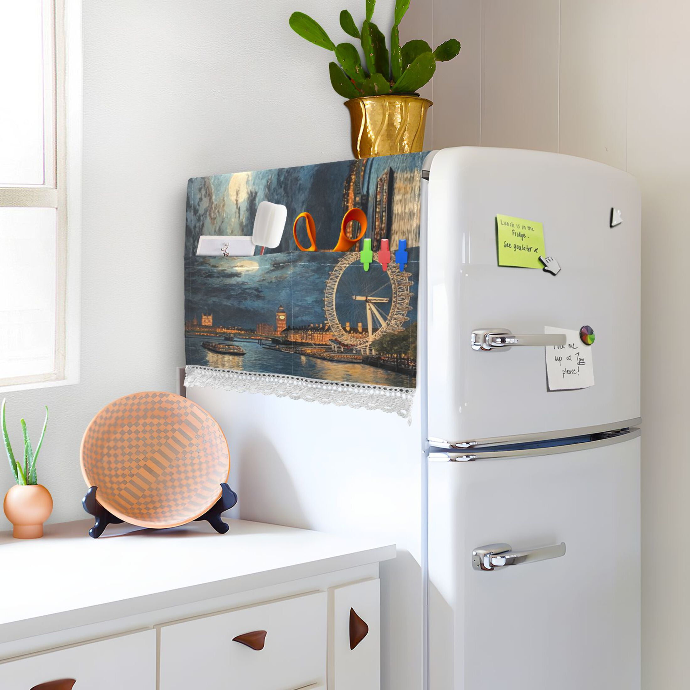 London Eye at NightWasher and Dryer Covers Dust-Proof and Oil Resistant Fridge Cover with 4 Storage Pockets Washing Machine Top Cover for Laundry Kitchen Home 51.2 x 22 In