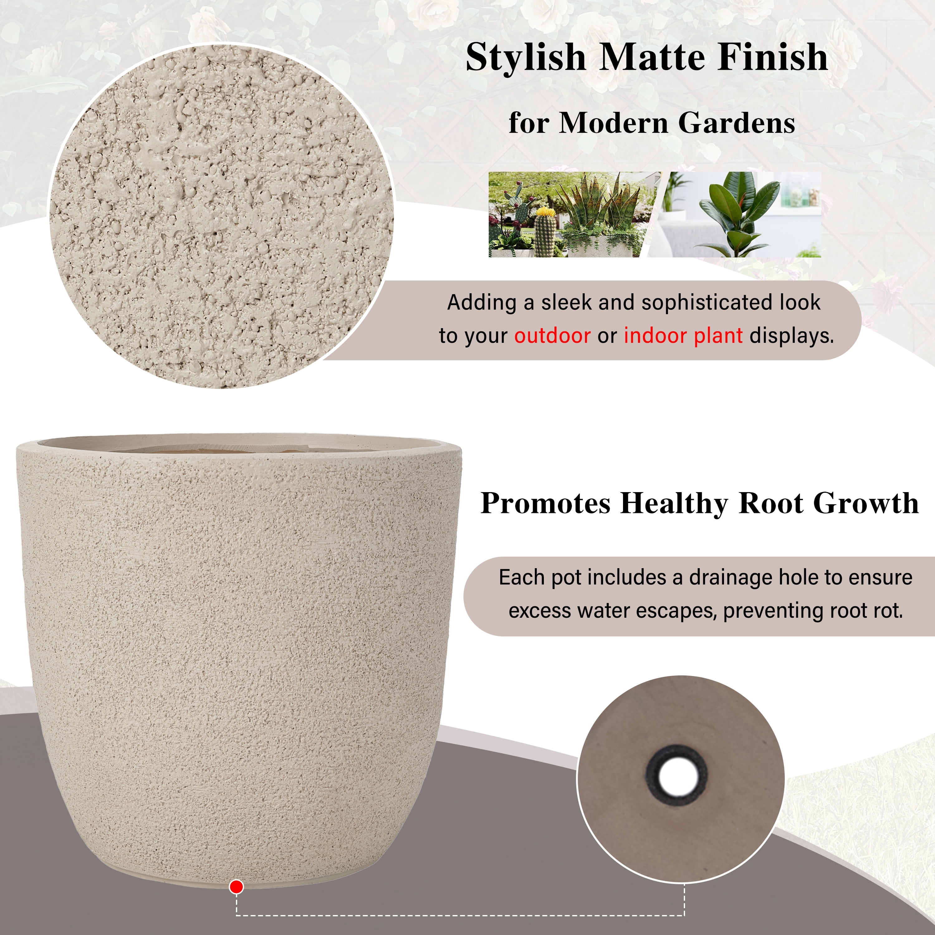 Mintazer Modern Planter Set of 3, 16.9"+13.9"+11.22" Dia Round Stackable Flower Pots with Drainage Holes and Rubber Plug, Decorative Plant Pots for Indoor & Outdoor, Beige