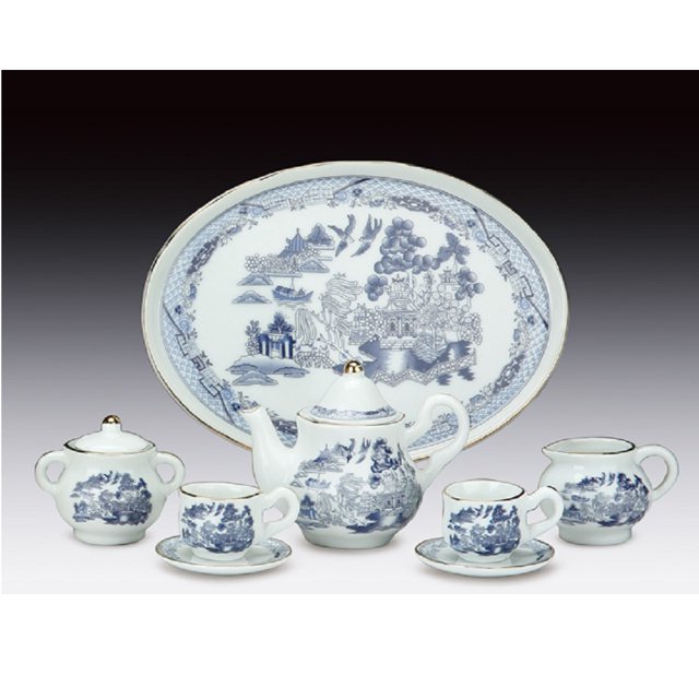 Miniature Porcelain 10 Piece Tea Set with Scenery in Blue Pattern New