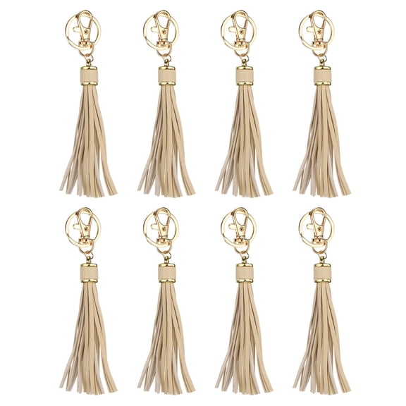 8pcs PU Leather Tassels, 6" Keychain Tassel Charm Tassel with Key Rings for Jewelry Making(Beige)