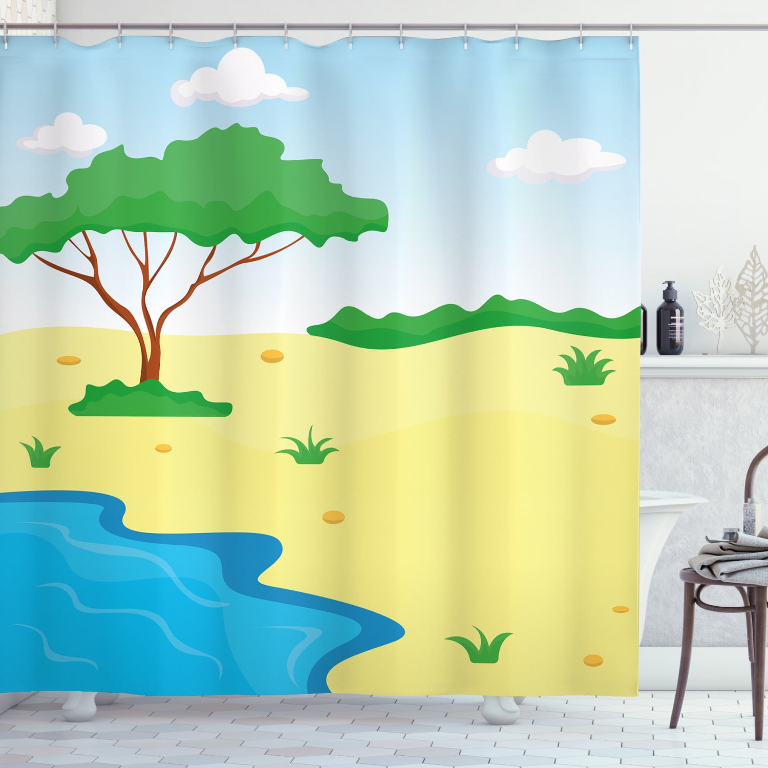 Beach Shower Curtain, Cartoon Style Interpretation of a Little Pond and