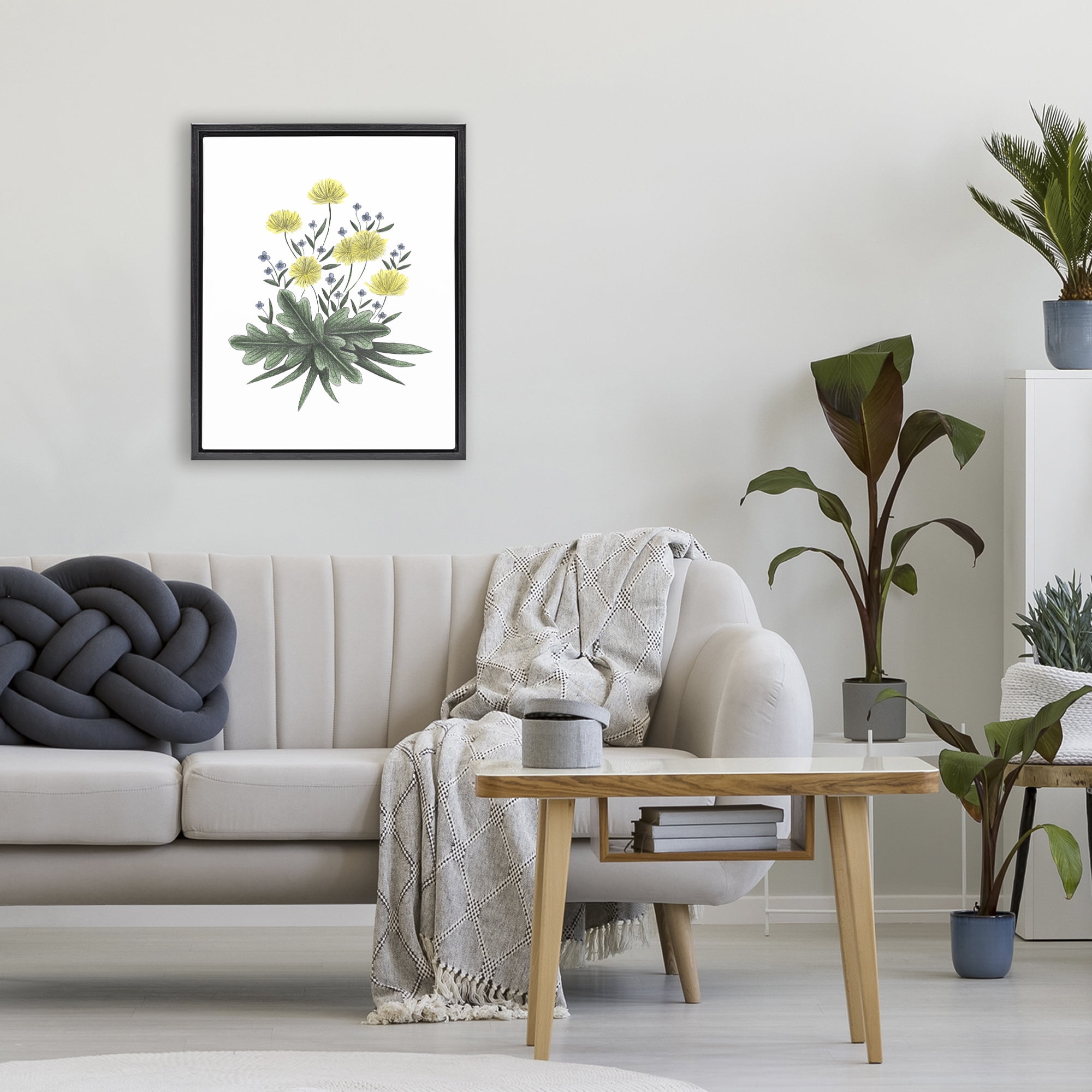 Dandelion Flower Illustration Black Framed Floater Canvas Wall Art, design by Cecilia Battaini
