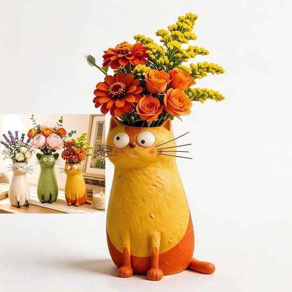 Whimsical Cute Cat Vase for Flowers & Faux Flowers, Home Office Shelf & Living Room Decor, Housewarming Gift for Cat Lovers