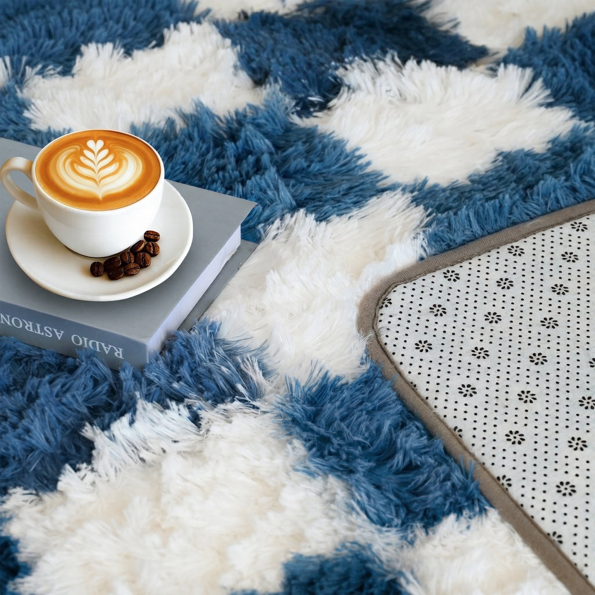 Pentantan 5ft x 8ft Shag Area Rugs for Living Room, Classic Checkered Fluffy Bedroom Carpet, Blue & White