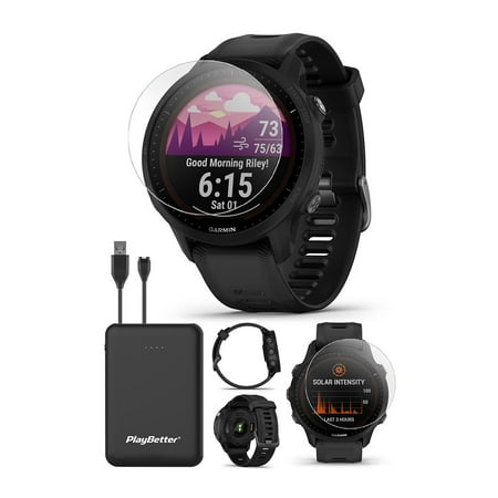 Garmin Forerunner 955 Solar (Black) GPS Running & Triathlon Smartwatch | Runner’s Bundle with PlayBetter Screen Protectors & Portable Charger