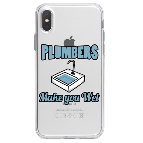 DistinctInk Clear Shockproof Hybrid Case for iPhone X / XS (5.8" Screen) - TPU Bumper Acrylic Back Tempered Glass Screen Protector - Plumbers Make You Wet